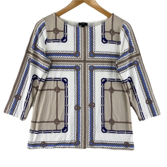 Talbots Top Womens Medium Petite‎ White Tan Equestrian Print Rayon - Picture 1 of 7